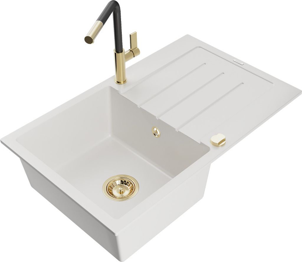 Mexen Bruno 1 Becken-Granitspüle mit Abtropffläche und Mischbatterie Flora, Weiß - 6513-20-670401-57-G
