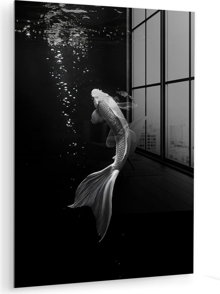 MuchoWow Glasbilder - Bilder auf Wandbild - Foto auf Glas Koi - Fisch - Weiß - Schwarz 30x40 cm Wanddekoration aus Glas - Acrylglasbild - Acrylbil...