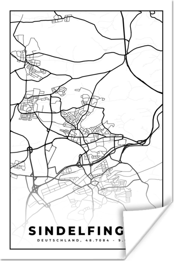 MuchoWow Poster Karte - Sindelfingen - Karte - Stadtplan 20x30 cm - Papierdruck