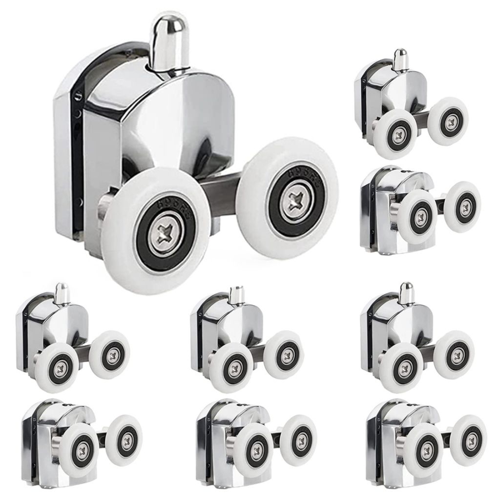 A collection of shower door rollers arranged on a white background.
