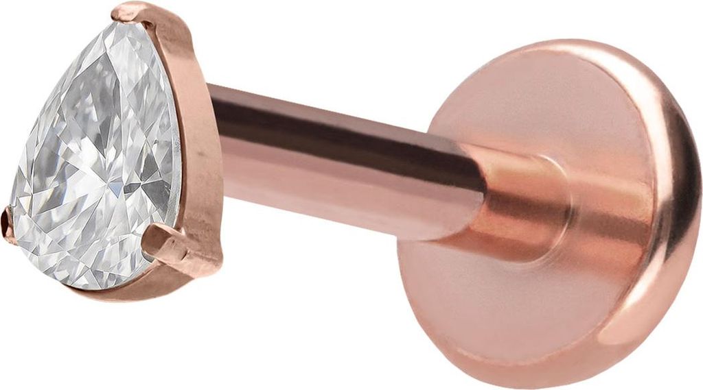 Ohrpiercing, Nasenpiercing Titan Labret mit Push Fit KRISTALLTROPFEN RoséGold Stablänge: 10mm | Stabstärke: 1,2mm | Discgröße: 4 x 6mm