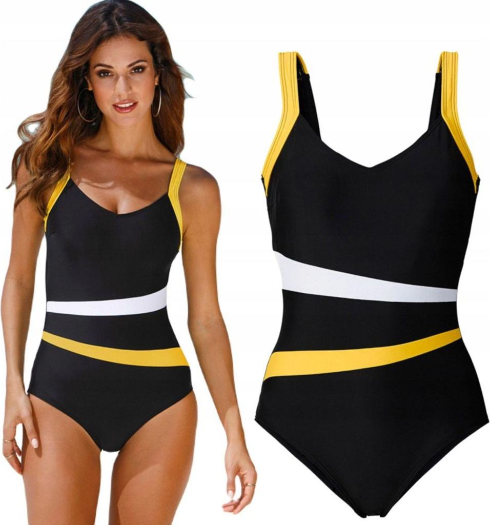 Einteiliger Badeanzug - sportlich - Modischer Badeanzug - Schlank machend - Formender Badeanzug - Schwarz, Weiß, Gelb - Größe L