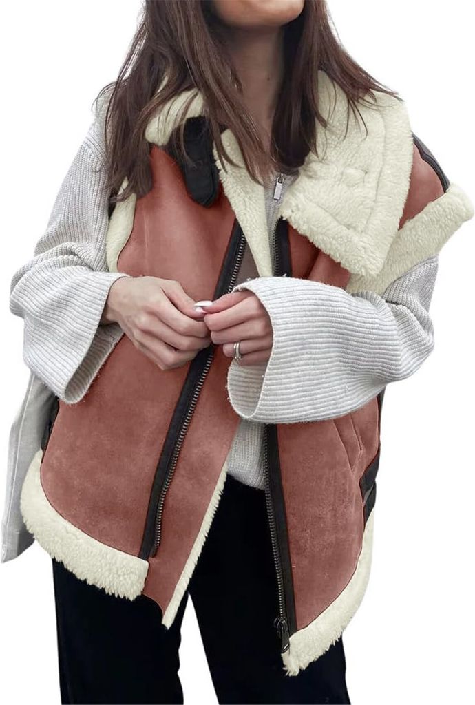 ASKSA Damen Winter aermellose Westen Dicke Warme Fleecejacke Faux Wildleder Sherpa Oversize Weste Jacke Zip Up Wolle Pelz Mantel mit Taschen (Ziege...