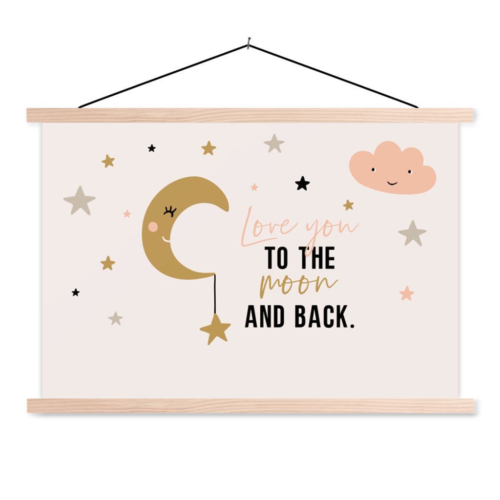 MuchoWow Textilposter Zitate - Kinder - Liebe dich bis zum Mond und zurück - Sprichwörter - Kinder - Baby - Mädchen 120x80 cm mit holzfarbenen...