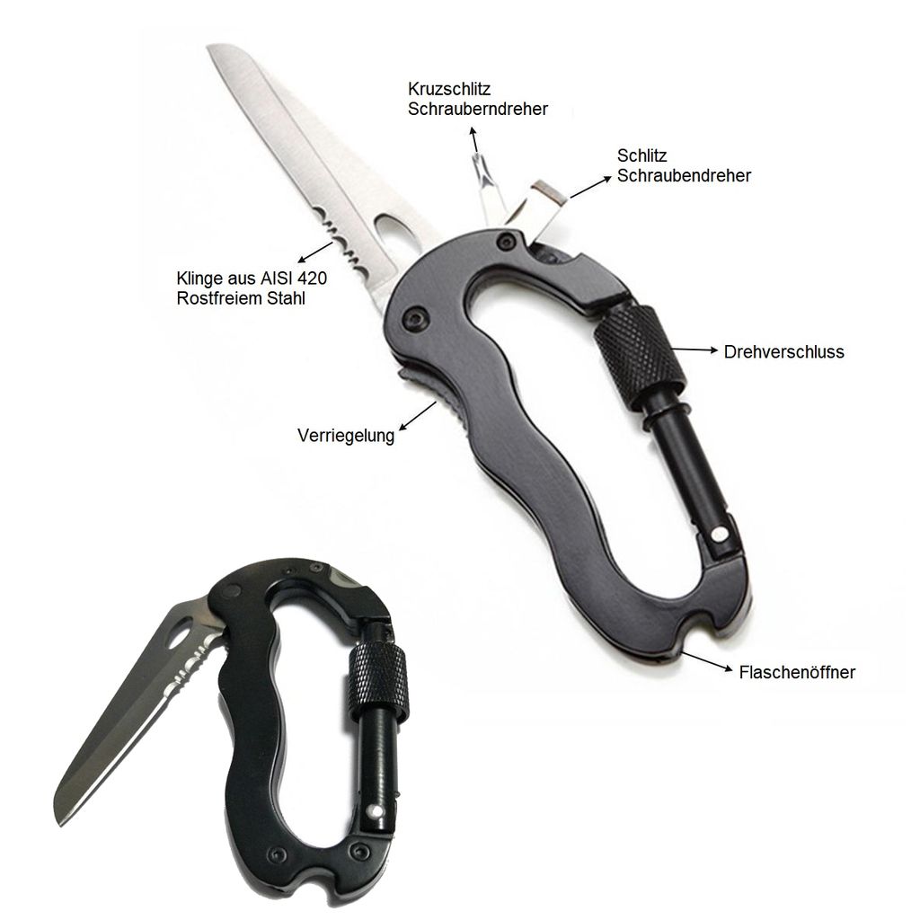Multitool Karabiner Schlüsselanhänger Clip mit LED Taschenlampe schwarz Messer 
