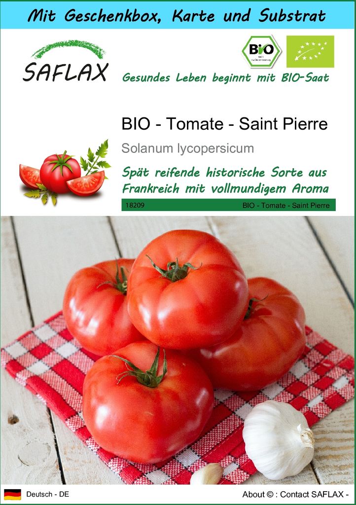SAFLAX - Geschenk Set - BIO - Tomate - Saint Pierre - 15 Samen - Mit Geschenk- / Versandbox, Versandaufkleber, Geschenkkarte und Anzuchtsubstrat - ...