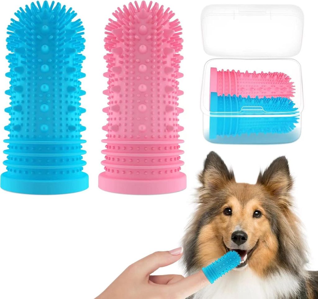 Hundezahnbürste Hunde Fingerzahnbürste 2 Stück für Hunde,Katzen,Welpen Zahnpflege&frische Atmen,Silikon,vollständig umgebene Borsten,wiederver...