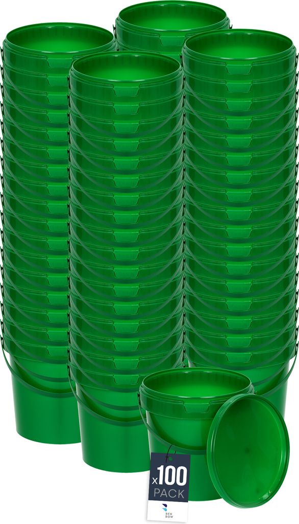 BenBow Eimer mit Deckel 1L x100 Grün - lebensmittelecht, stabil, luftdicht, auslaufsicher, geruchsneutral - Plastikeimer mit Henkel - leer
