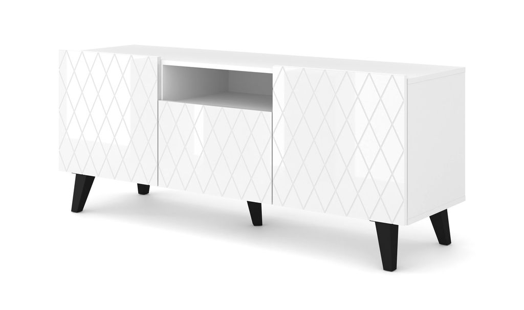 TV Schrank DIUNA 145 cm 2D1K auf Beinen WEIß MATT / WEIß GLANZ Unterschrank Fernsehschrank Modern