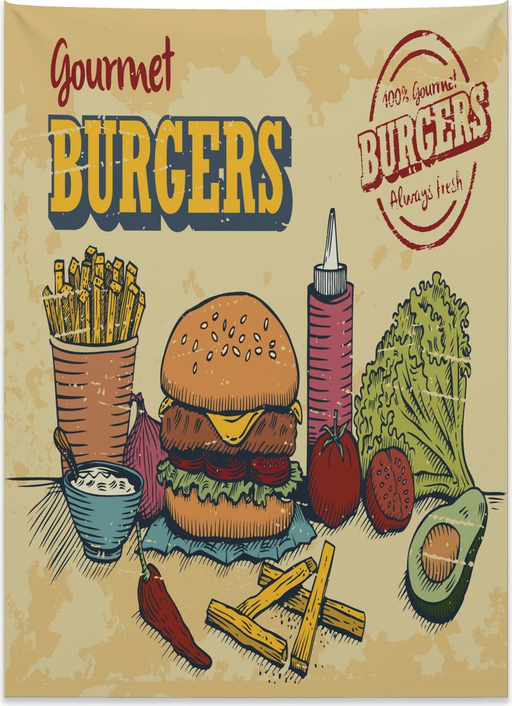 Abakuhaus Hamburger Wandteppich, Burger Zutaten aus Weiches Mikrofaser Stoff Kein Verblassen Klare Farben Waschbar, 110 x 150 cm, Mehrfarbig