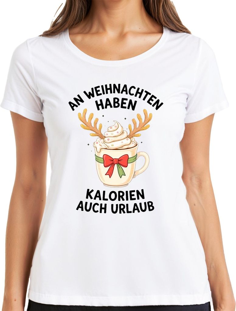 An Weihnachten haben Kalorien lustig Geschenk Kaffee Rentier Damen T-Shirt, Weiß, 3XL