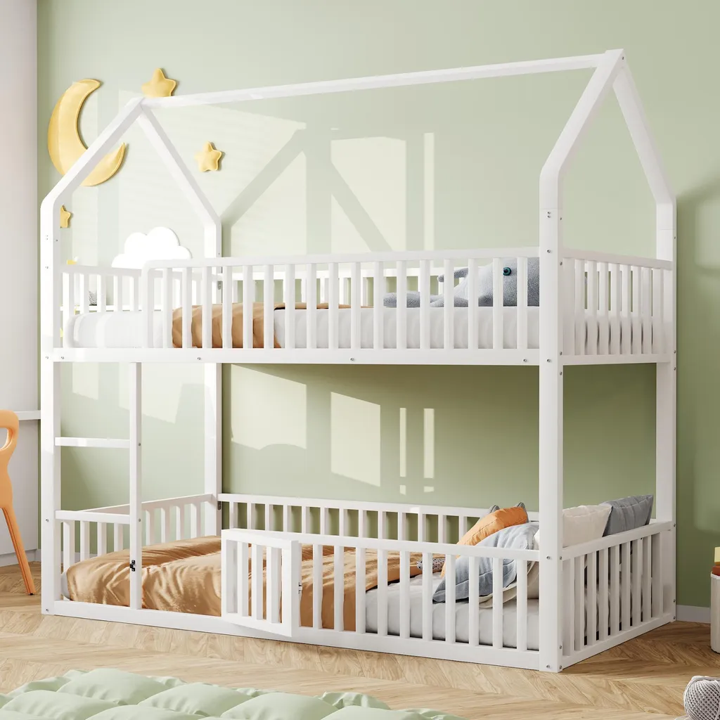 Lit superposé enfant 90x200 design maison avec porte et métal blanc
