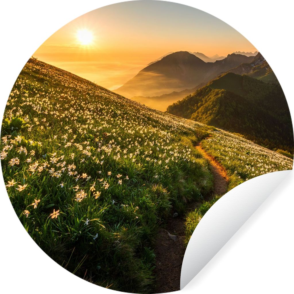 MuchoWow Runde Wandtattoo - Wandsticker Tapete Aufkleber Blumen - Sonne - Berge Ø 50 cm Selbstklebend und Repositionierbar - Wandaufkleber - Kre...