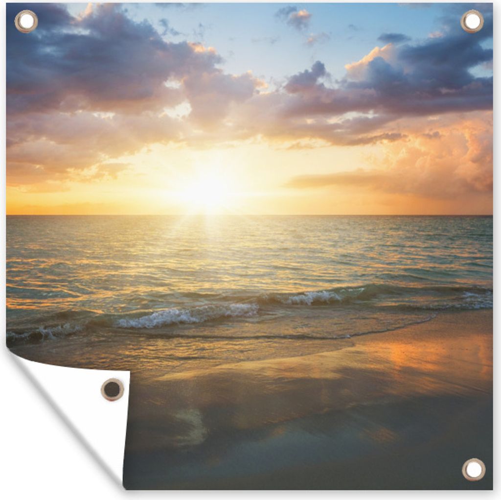 MuchoWow 100x100 cm Outdoor-Poster Gartendeko Sichtschutz Garten Poster für den Garten Sonnenuntergang - Wolken - Strand
