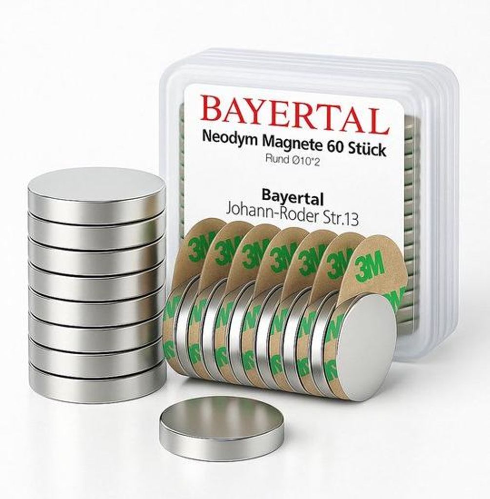 Neodymium-Magnete N52, 10x2mm, 60er-Pack, 3M-Lim-Ansatz, Mini-Selbstklebend, für Tafeln, Whiteboards, Kühlschränke, Büros, Werkstätten und Hau...