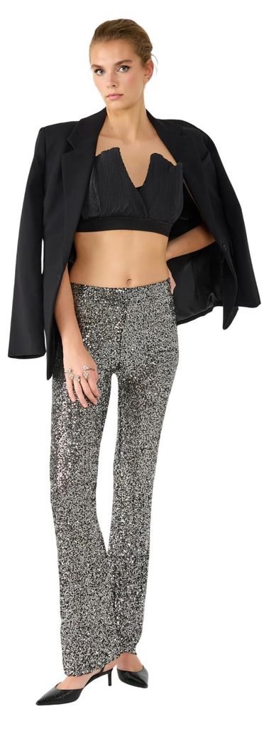 Paillettenbesetzte Hose mit weitem Bein, Silver, S