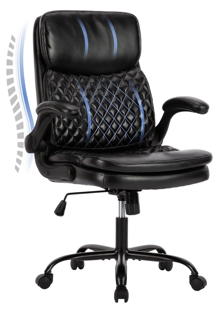 COLAMY Bürostuhl, ergonomischer Leder-Bürostuhl mit verstellbarer Höhe, neigbarer Rückenlehne und bequemen Armlehnen, Farbe Schwarz
