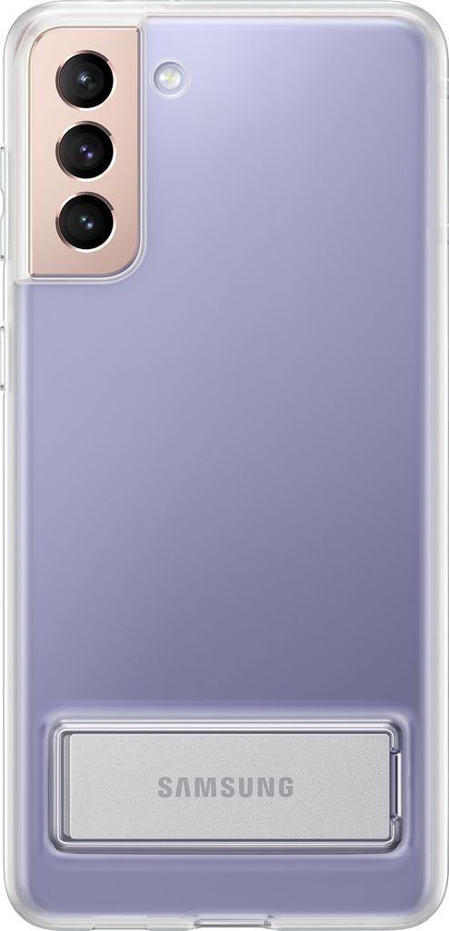 A clear, professional studio shot of the back of a transparent phone case with a silver kickstand. The phone case is a light purple color.