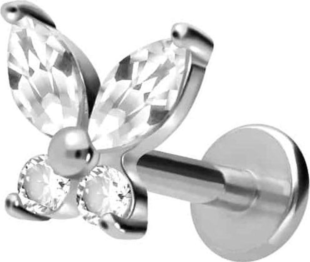 Ohrpiercing, Nasenpiercing Titan Labret mit Innengewinde KRISTALLSCHMETTERLING Silber Stablänge: 6mm | Stabstärke: 1,2mm