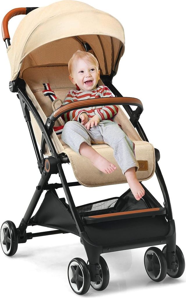 GOPLUS Faltbarer Kinderwagen, Reisebuggy mit verstellbarer Rückenlehne & ausziehbarem Vordach, tragbarer Sportwagen für Baby bis 3 Jahre alt (Beige)