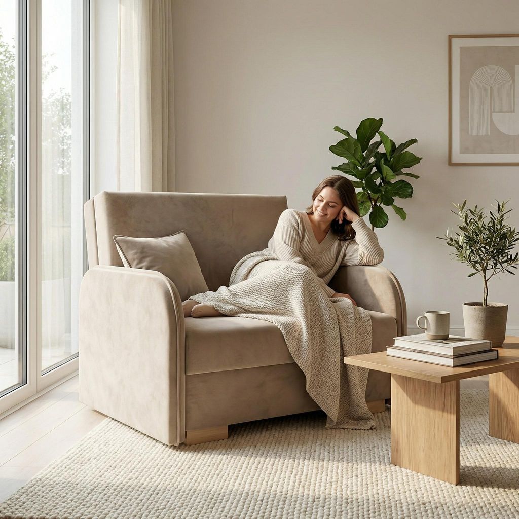 Wohnero 24 Goldi 3 Premium Schlafsofa 144x95 cm mit Schlaffunktion & Bettkasten – 133x195 cm Liegefläche, 2-Sitzer Design Sofa Beige