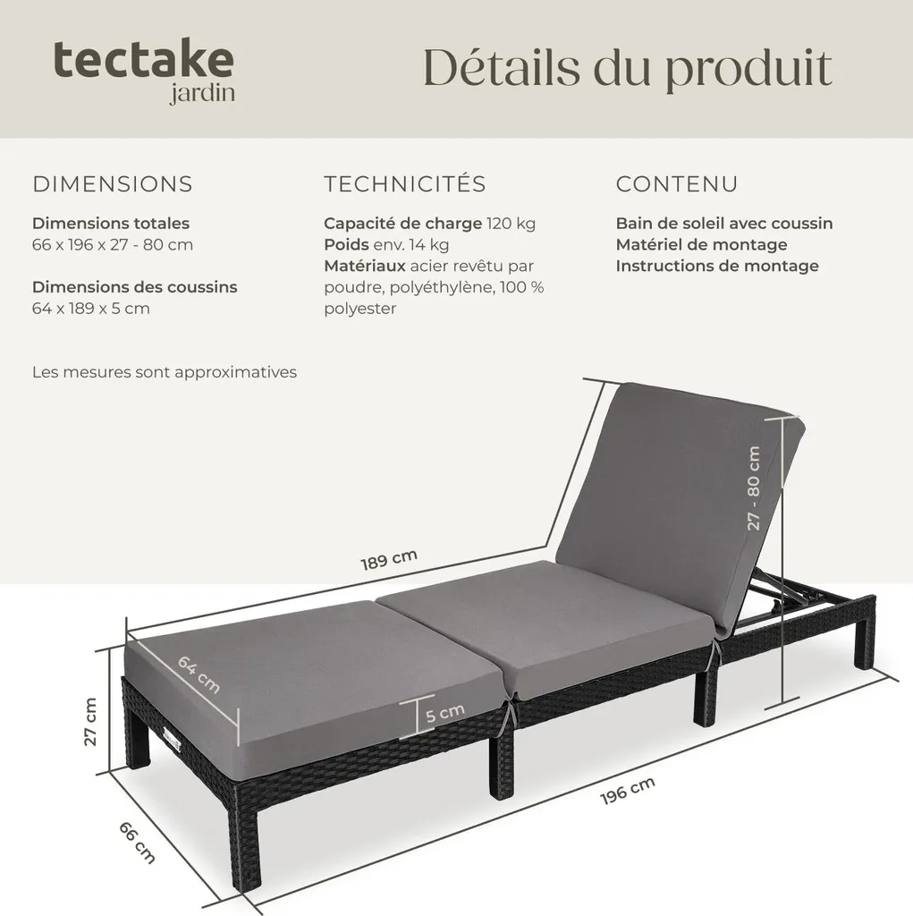 Bain de soleil 6 positions SOFIA en textilène noir haute résistance - 6