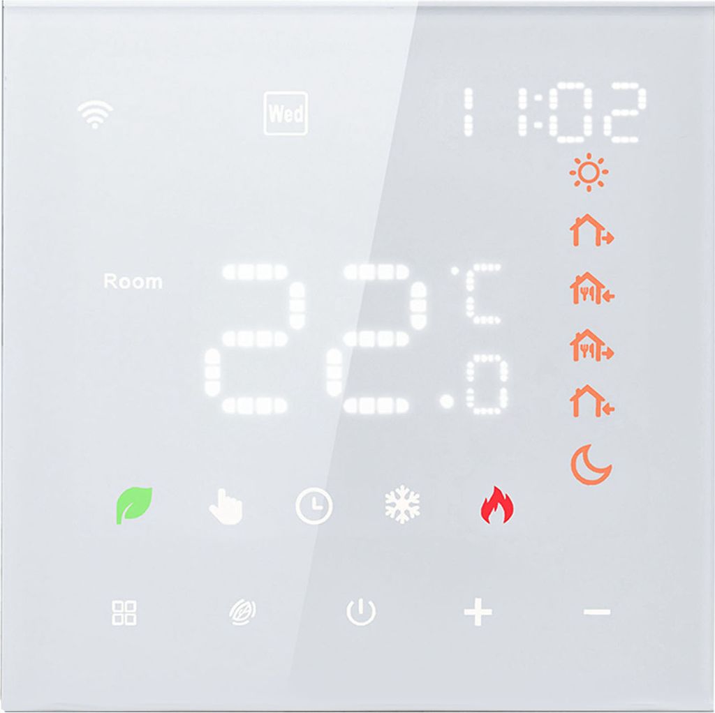 A white smart thermostat with a digital display showing the time, temperature, and various icons.