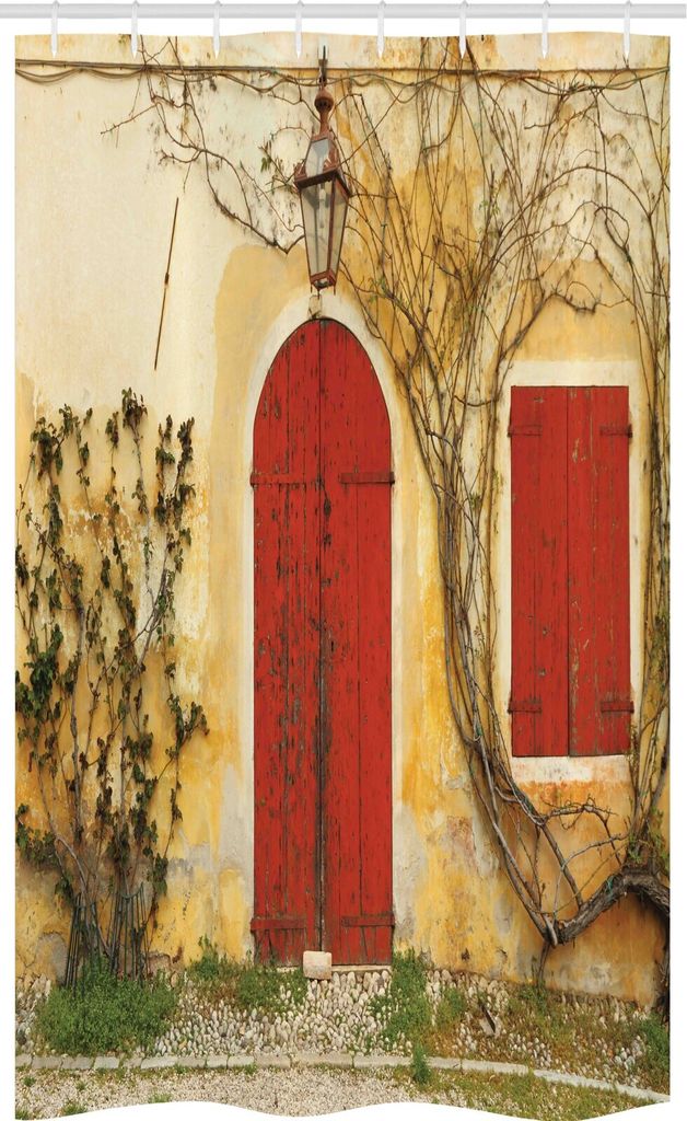 ABAKUHAUS Rustikal Schmaler Duschvorhang, Im Alter von Türen Tuscan Haus, Badezimmer Deko Set aus Stoff mit Haken, 120 x 180 cm, Beige Gelb Rot
