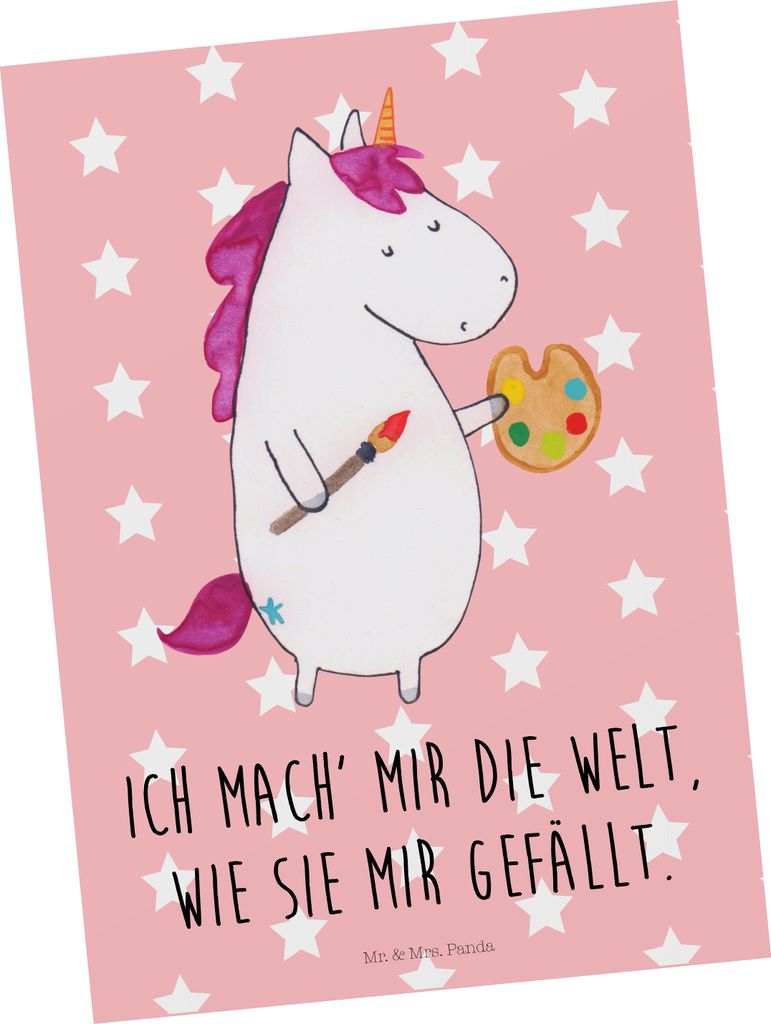 Mr. & Mrs. Panda Postkarte Einhorn Künstler - Rot Pastell - Geschenk, Ansichtskarte, Unicorn, Postkarten, Malen, Welt, Grußkarte, bildkarte, Einh...