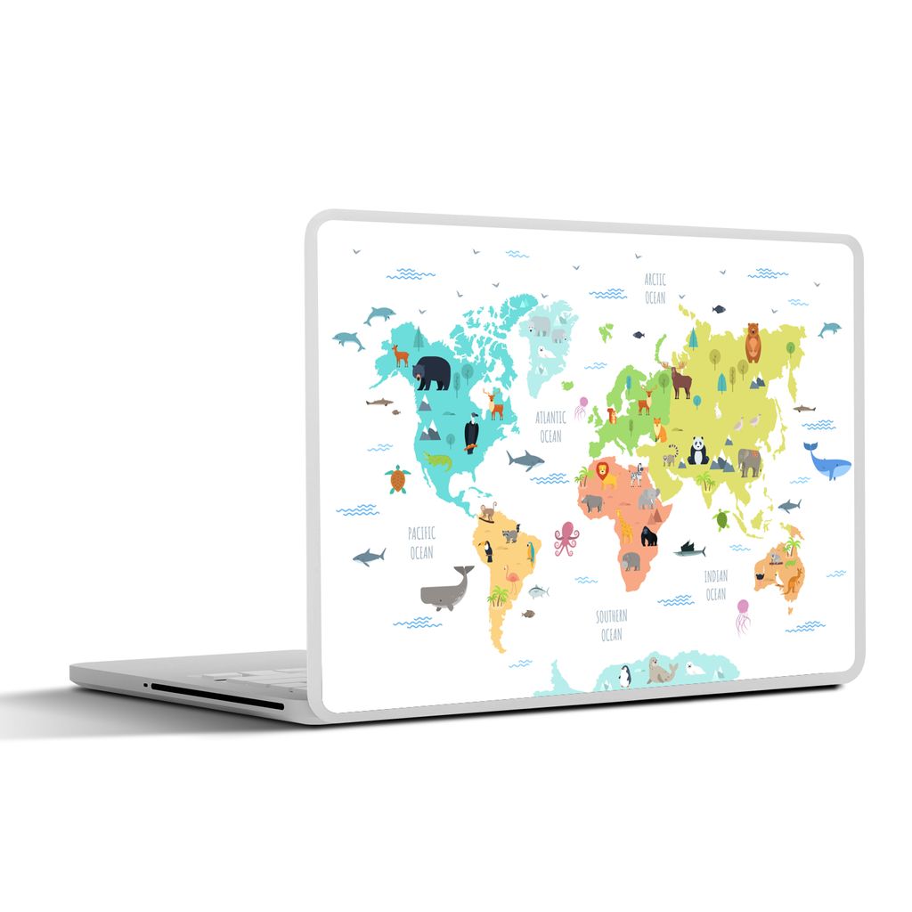 MuchoWow Laptop Aufkleber Sticker Cover Weltkarte - Tiere - Kinder 25x18 cm - Laptop-Deko
