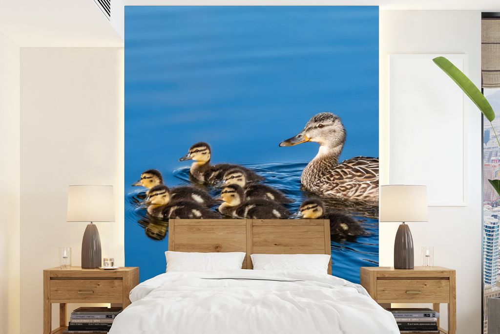MuchoWow Fototapete für Wohnzimmer oder Schlafzimmer Wandtapete Vinyl Motivtapete Ente - Wasser - Vogel - Braun - 165x220 cm - Wanddekorationen