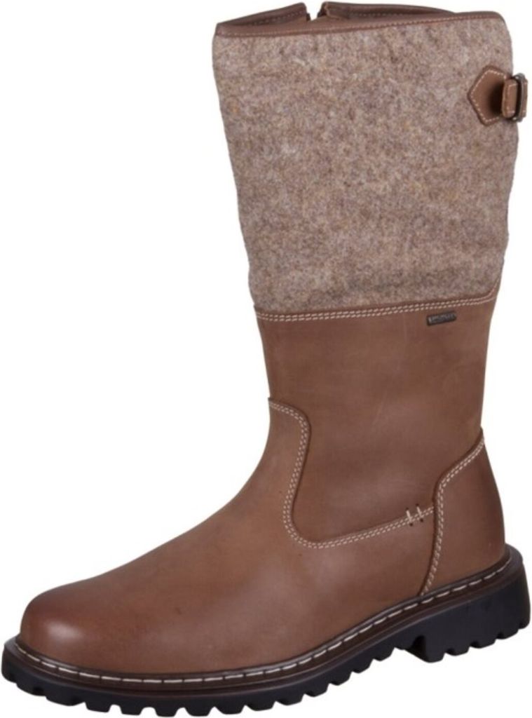 A single brown leather and felt boot.