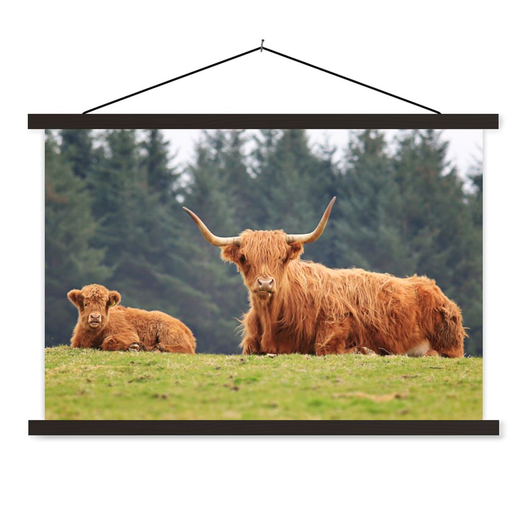 MuchoWow Textilposter Schottische Highlander - Gras - Wald 90x60 cm mit schwarzem Rahmen - Aufhängungssatz