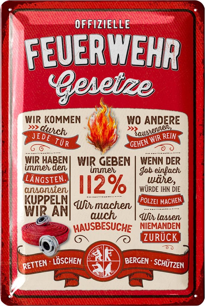 LANOLU Retro Blechschild Feuerwehrgesetze - Feuerwehrmann Geschenke für Männer, Feuerwehr Deko Schild - Metallschild mit Spruch, 20x30cm