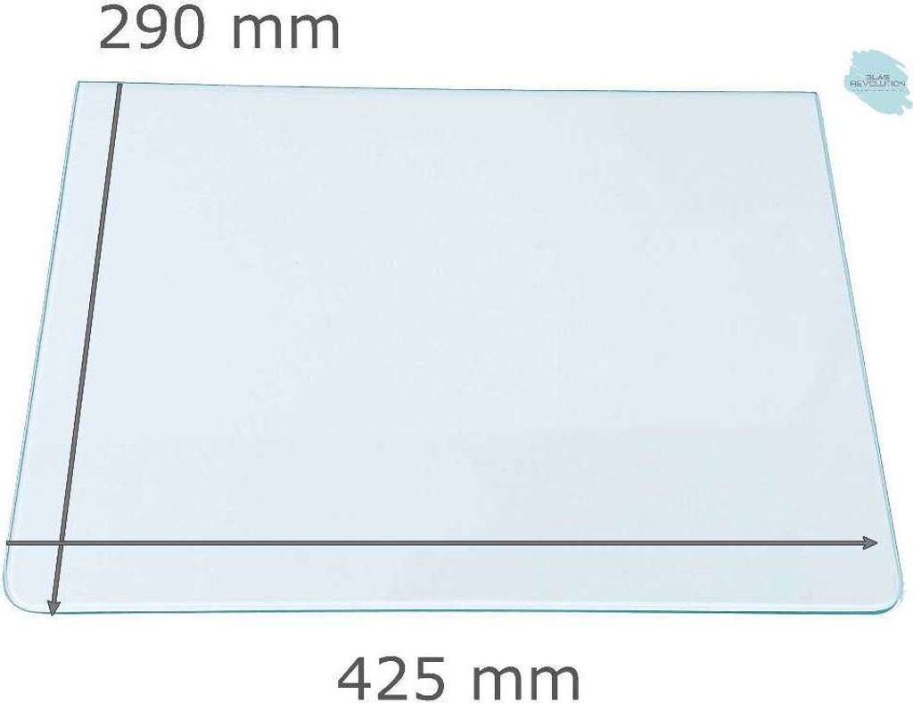 Kühlschrank Einlegeboden - Klarglas 4 mm - 2 abgerundete Ecken - 425 mm x 290 mm - (89,96 EUR / qm - Mindestbfl. 0,25 qm - Kantenb. 5,35 EUR / lfm...