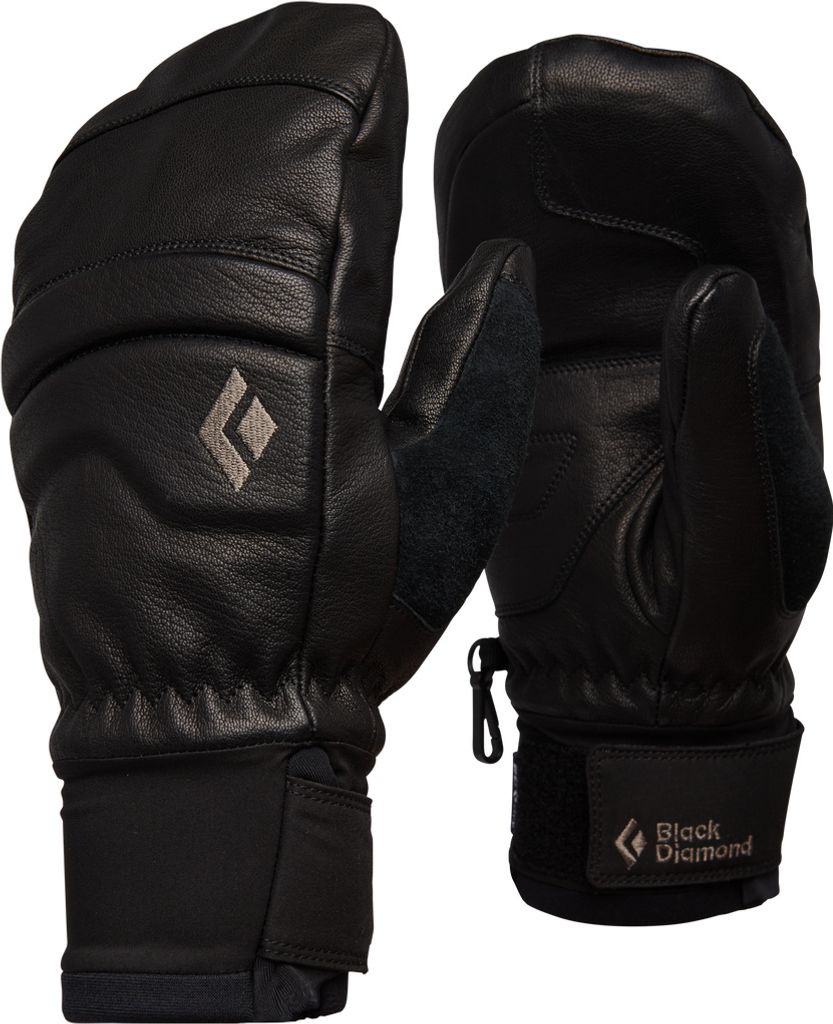 Schwarze Skihandschuhe "Spark Mitts" von Black Diamond; aus Leder mit elastischem Bündchen.