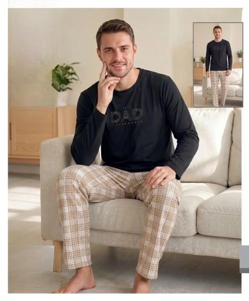 Herren Pyjama Schlafanzug Set Baumwolle Schwarz M Lang Warm Produktbild 