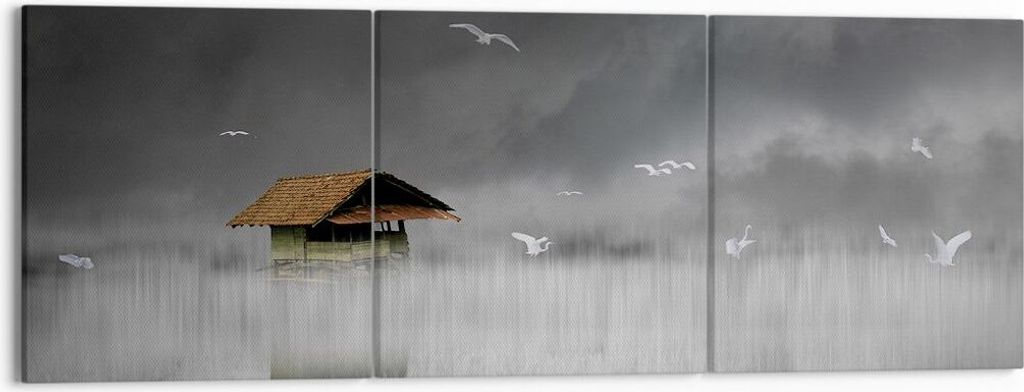 Bild auf Leinwand - Leinwandbild - 3 Teile - Hütte Nebel Sumpf - 150x50cm - Wand Bild - Wanddeko - Wandbilder - Leinwanddruck - Bilder - Wanddekor...