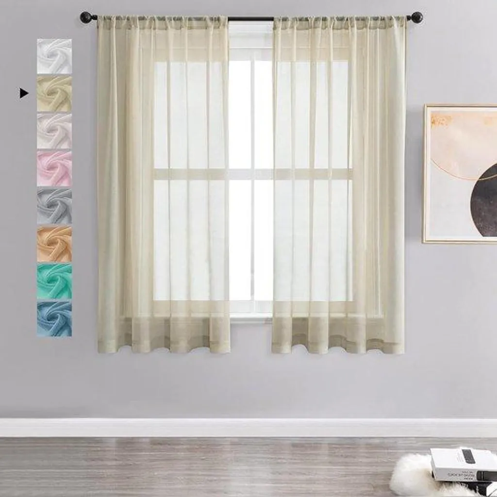 Rideau Voilage Semi-Transparent Beige Crème Effet Lin 122x140 cm