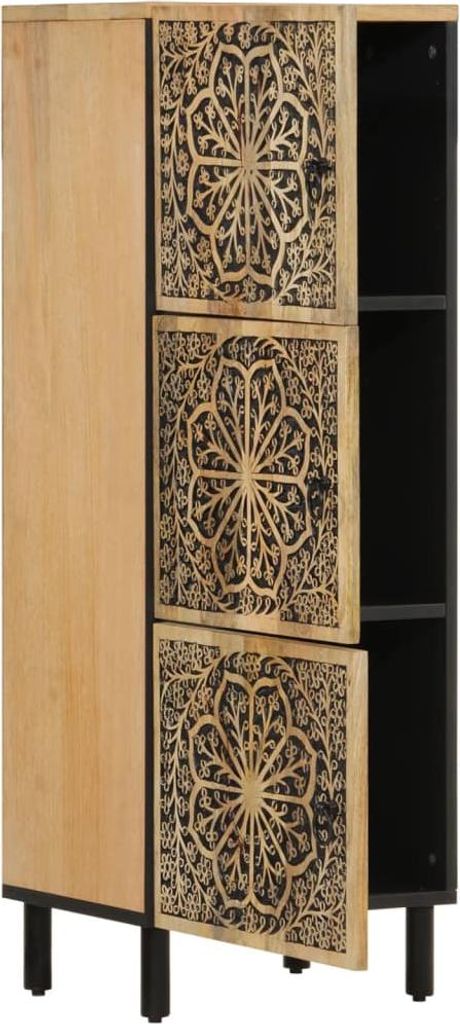 A close-up view of a wooden cabinet with carved doors.