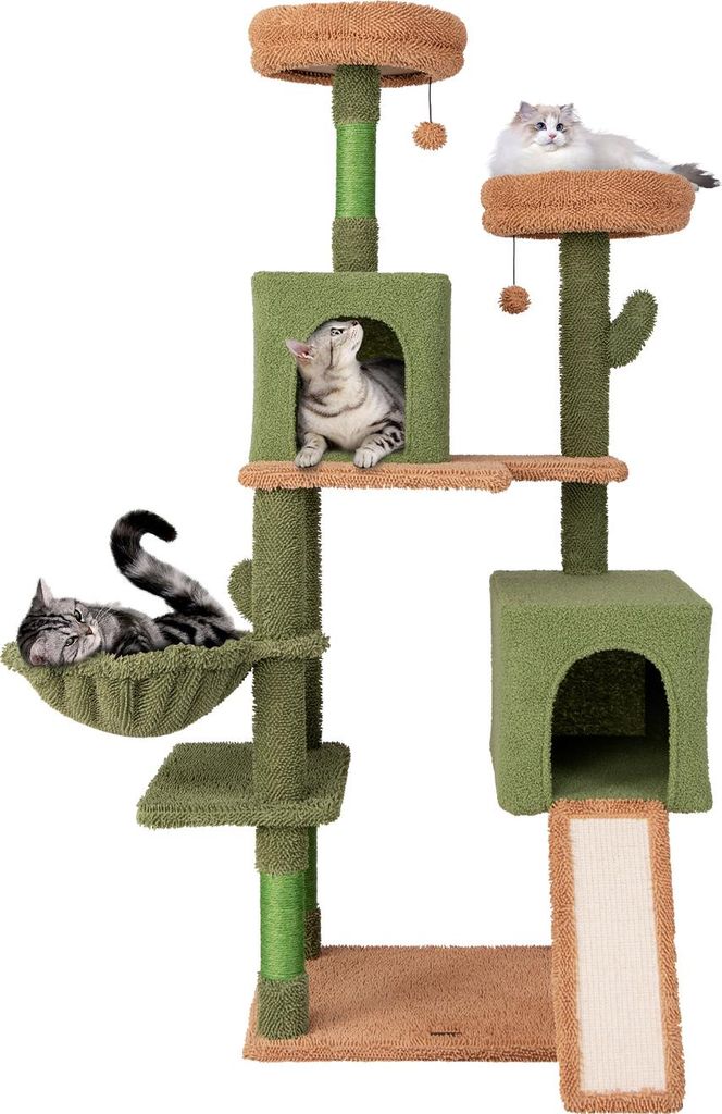 GOPLUS Katzenbaum Kaktus, Katzenbaum mit Sitzfläche, Katzenhaus, großem Bett, Raumkapsel, Sisalpfosten+Matte, Fellbürste, 150cm hoch, Grün