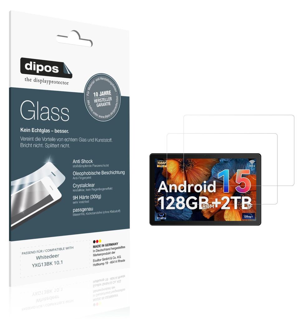 2x Schutzfolie für Whitedeer YXG13BK 10.1 - Anti-Shock 9H Folie dipos Glass Kunststoffglas