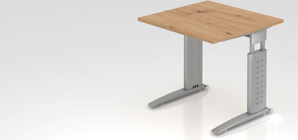 Schreibtisch Mauri | Asteiche | Silber Gestell | BxT 80x80cm | Arbeitshöhe 68-86cm | höhenjustierbar, 2cm Raster | C-Fuß-Gestell | Rechteckform