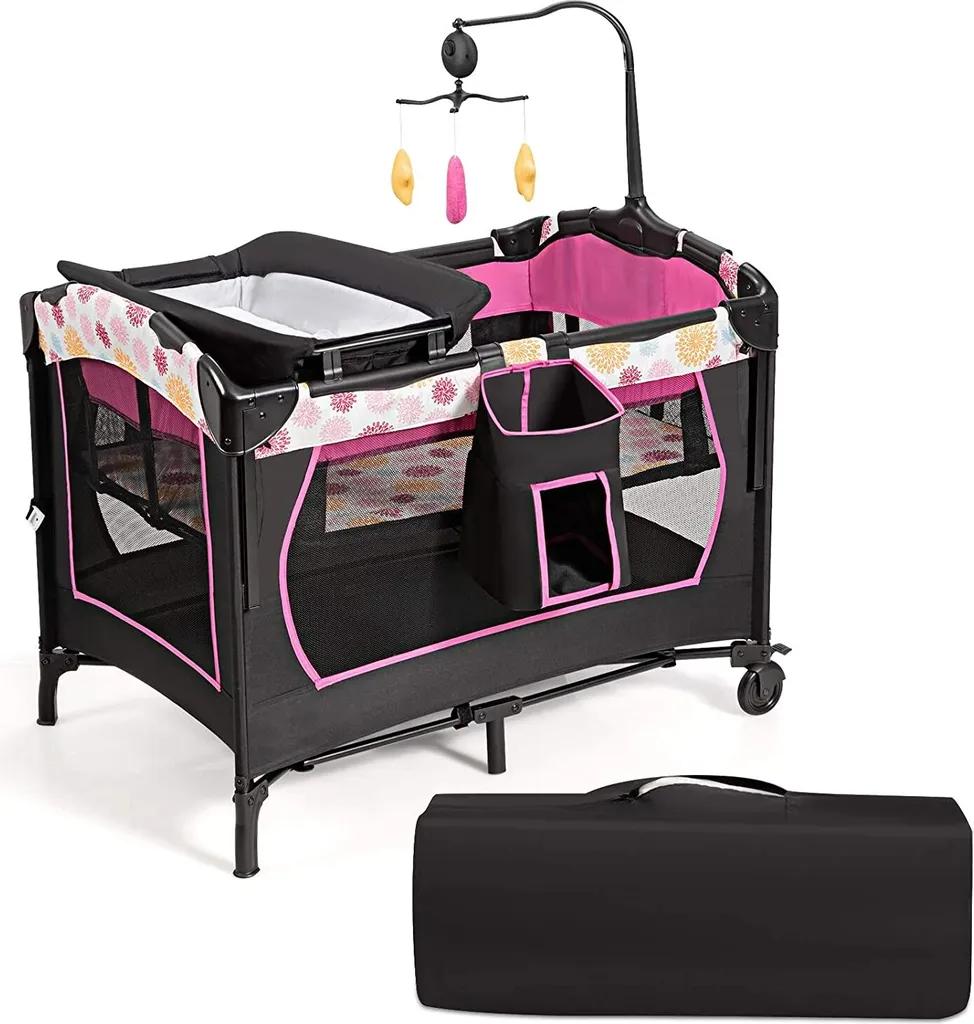 Lit de voyage 4 en 1 pliable avec arche de jeux et rangement couches