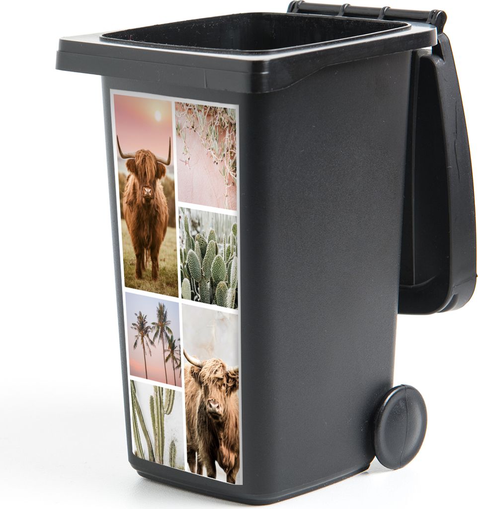 MuchoWow Mülltonnenaufkleber Schottischer Highlander - Sukkulente - Pastell 38x80 cm - Behälteraufkleber - Mülleimer-Aufkleber - Container-Auf...