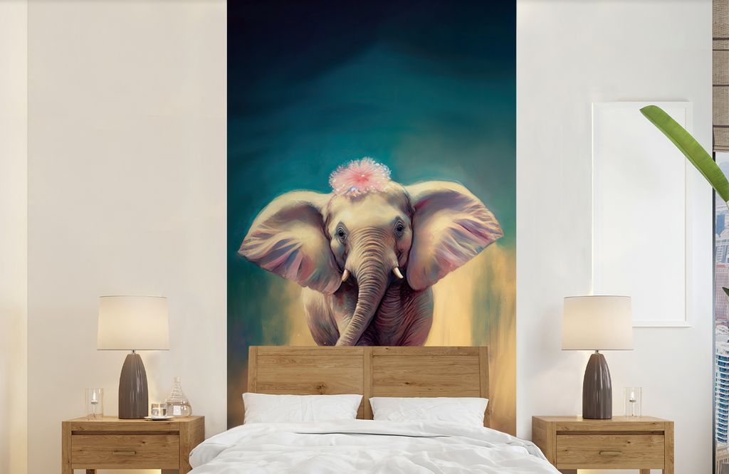 MuchoWow Fototapete für Wohnzimmer oder Schlafzimmer Wandtapete Vinyl Motivtapete Elefant - Tiere - Malen - Blumen - Porträt - Kinder - 120x240...