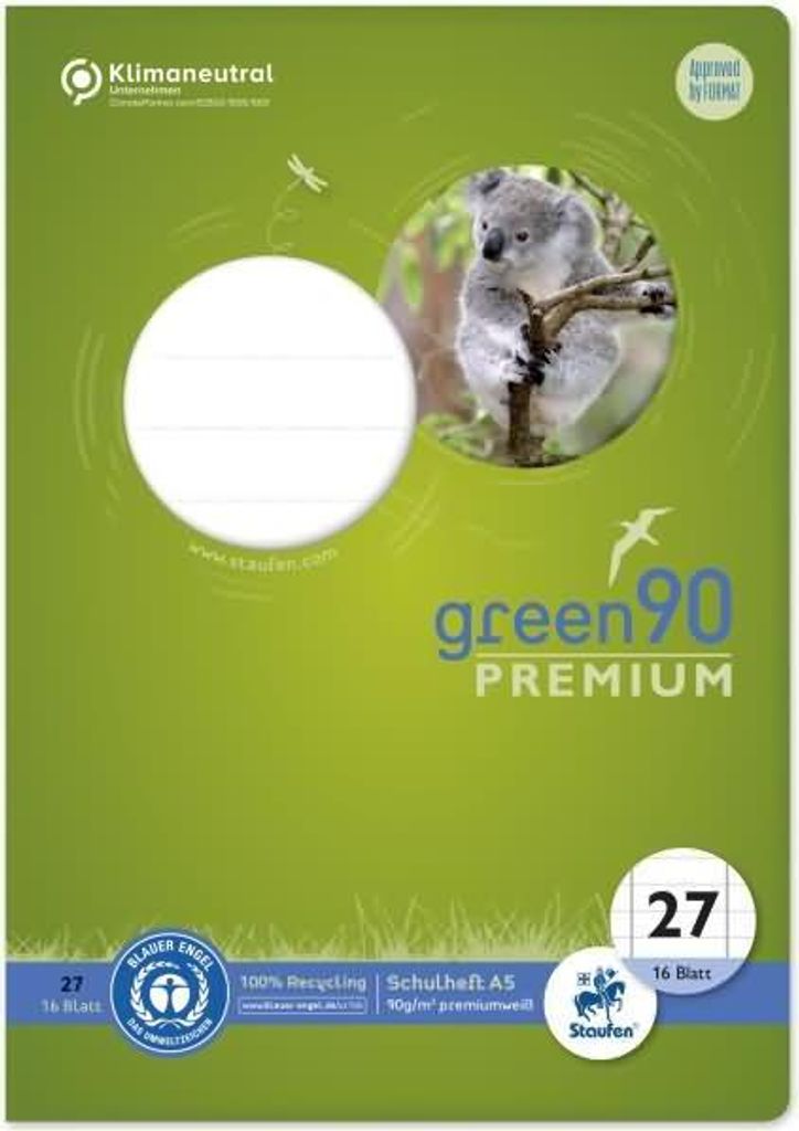 STAUFEN Green Schulheft Lin27 A5 16 Blatt 90g/qm 9mm liniert mit Randlinien