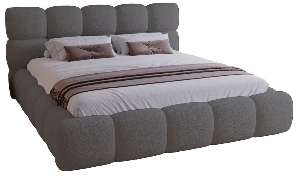 Polsterbett 160x200 mit Bettkasten Lucca - Doppelbett Bouclé, Lattenrost, Dicker Schaum Grau