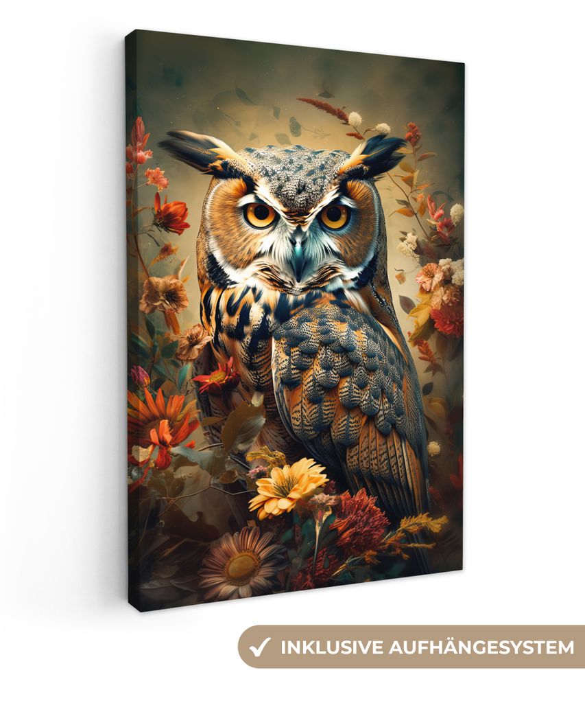 MuchoWow - Leinwandbilder - Eule - Vogel - Blumen - Botanisch, Wandbild, Wanddeko Bilder Wohnzimmer, 60x90 cm