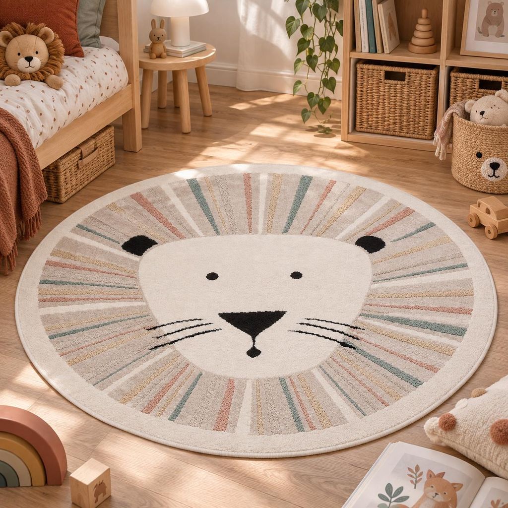 Kinder Teppich Happy Kids Löwe Bunt Rund, Größe:120 cm Rund Produktbild 
